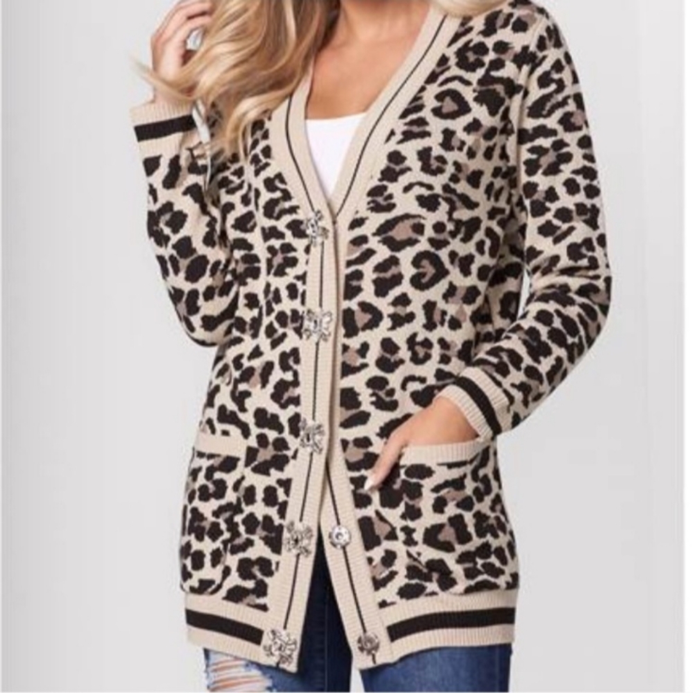 Venus Leopard Print V-Neck Jeweled Button Cardigan Size Small